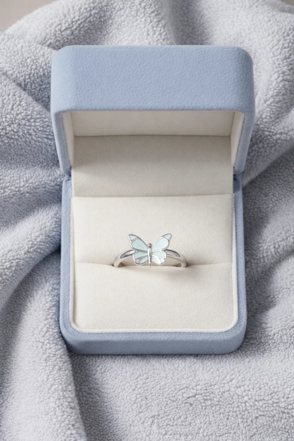 Luminous Blue Butterfly Ring, styled view