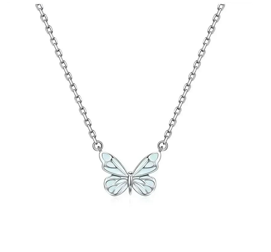 Glow-in-the-Dark Butterfly Necklace with silver-colored chain and blue butterfly pendant